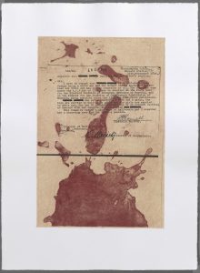 letter to Protector requesting an Aboriginal women be granted the widow's pension stained with red ink depicting Aboriginal blood