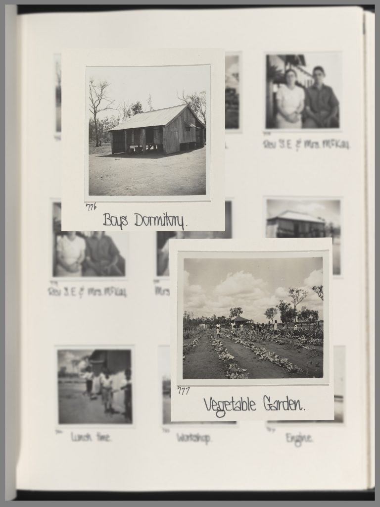 Boys Dormitory and Aboriginal 'inmates' working in the Vegetable Garden shown in Record of visit to mission stations, 1936 Part 2