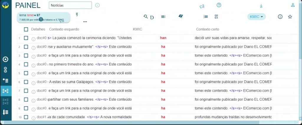 Concordance lines from Sketch Engine to analyse the verb haber.