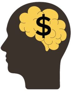 Head showing a brain with a dollar sign over it.
