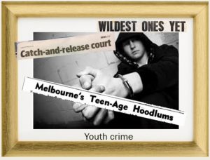 A frame with the tile Youth crime showing a person in a hoody with headlines - Wildest Ones Yet, Catch-and-release court, Melbourne's Teen-Age Hoodlums