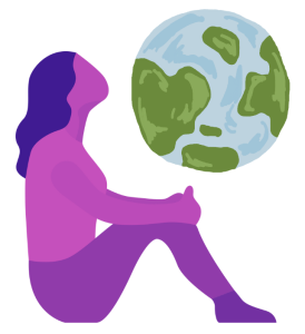 Illustration of a person sitting with the earth hovering next to them.