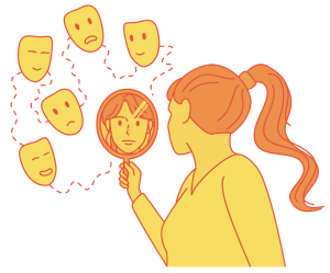 illustration of a person looking in a mirror and 5 masks with different expressions.