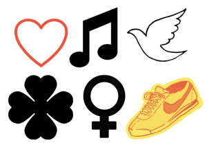 Illustration showing a heart, a music note, a dove, a 4 leaf clover, a female gender symbol and a sport shoe.