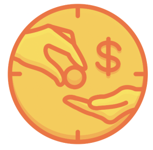 Illustration of a circle with one hand giving a coin to another hand. A dollar sign is also shown.