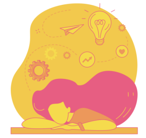 Illustration of person resting head on a table and various icons (lightbulb, paper plane, heart, arrow) show above their head.