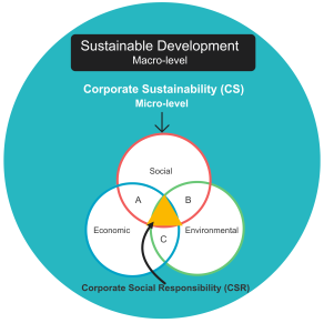 Sustainable Development Macro-level at the top, Corporate Sustainability (CS) Micro-level points to Corporate Social Responsibility (CSR) at the centre of Social, Economic and Environmental in overlapping circles.