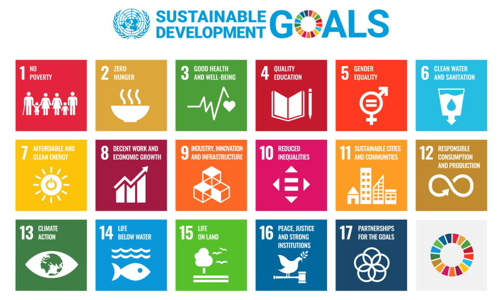 The Sustainable Development Goals are: no poverty; zero hunger; good health and well-being; quality education; gender equality; clean water and sanitation; affordable and clean energy; decent work and economic growth; industry, innovation and infrastructure; reduced inequalities; sustainable cities and communities; responsible consumption and production; climate action; life below water; life on land; peace, justice, and strong institutions; and partnerships for the goals.