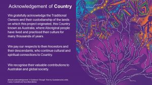 Image of Acknowledgement of Country text and Indigenous art work