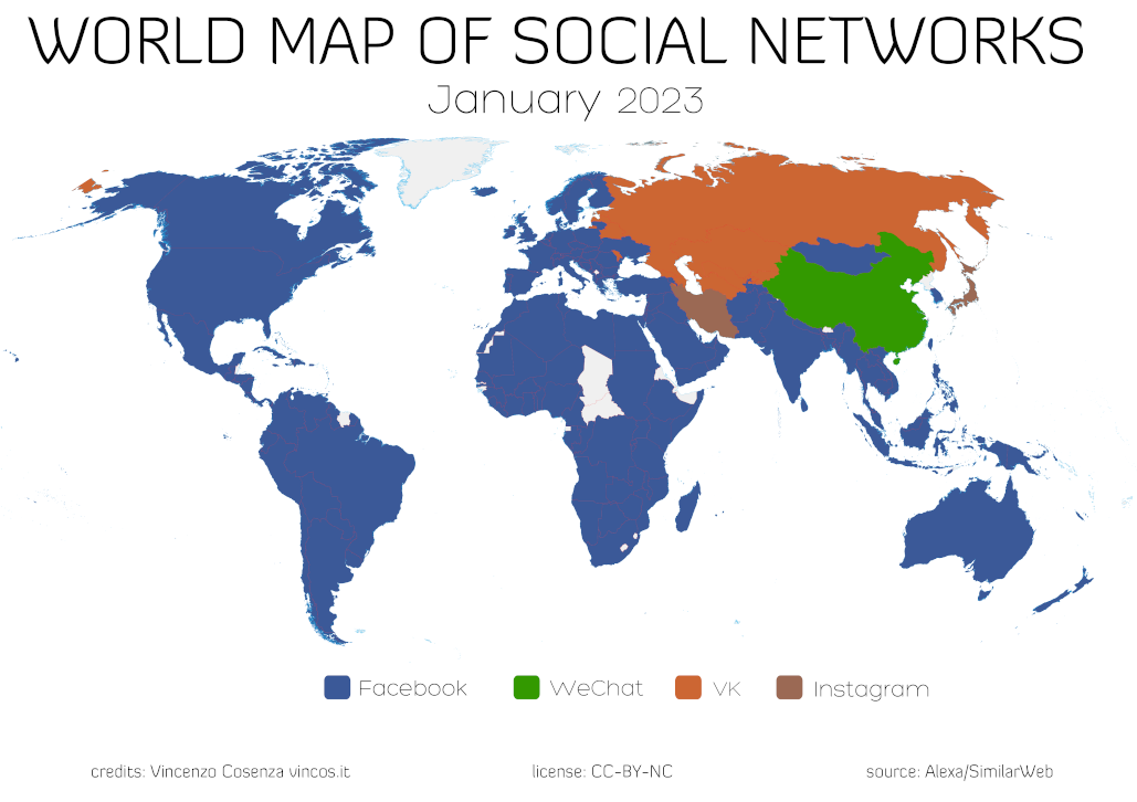 World map showing most popular social media in different countries.